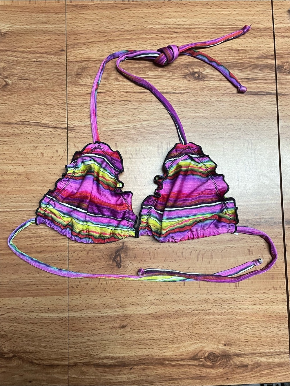Pink Purple Striped Lettuce Trim Triangle Bikini Top Swim Women